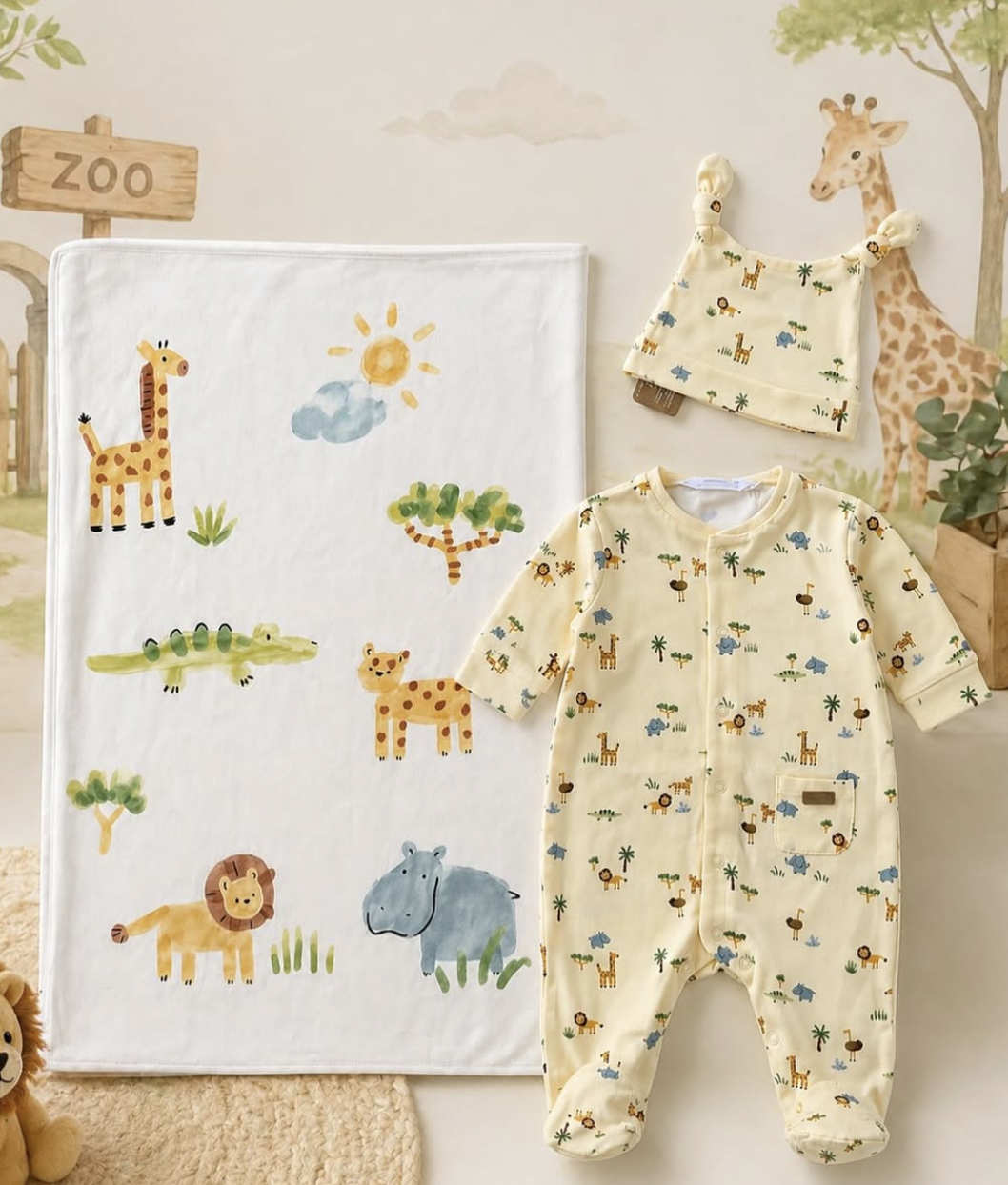 Safari themed baby gift set with blanket and matching outfit.